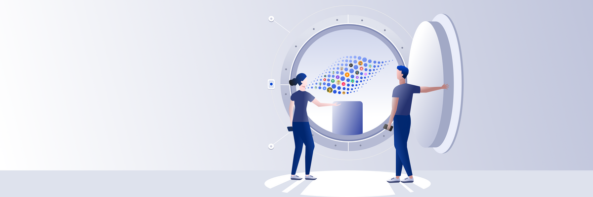 Two people opening a large Vault with digital assets
