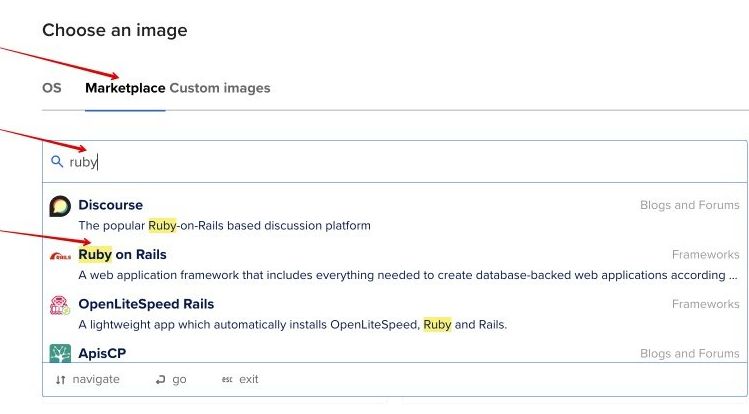 Image of Selecting Ruby on Rails in Digital Ocean