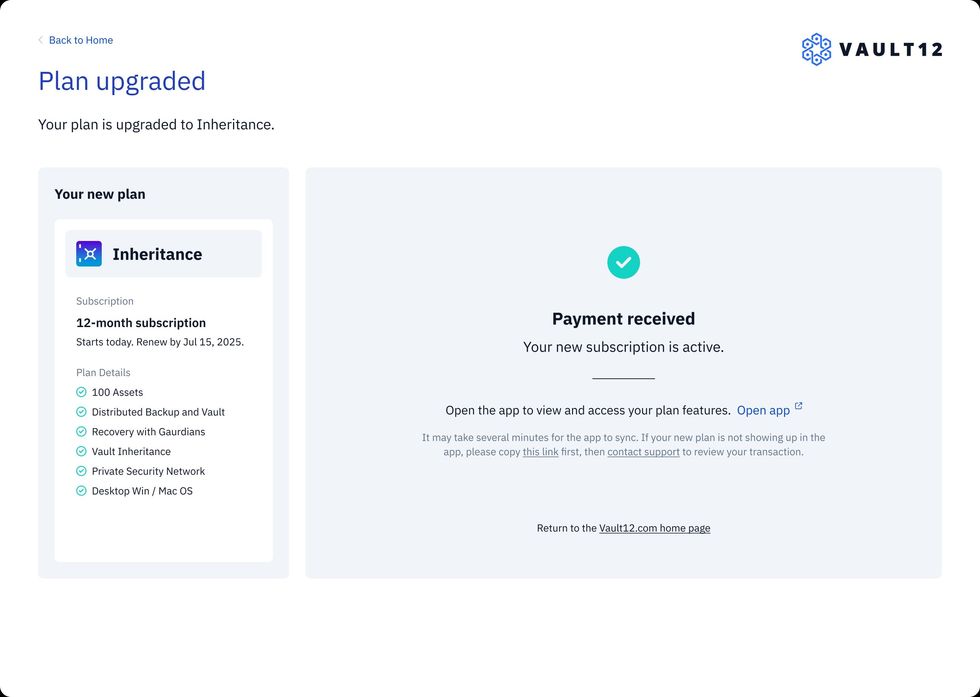 Image of web page showing payment received and subscription activation