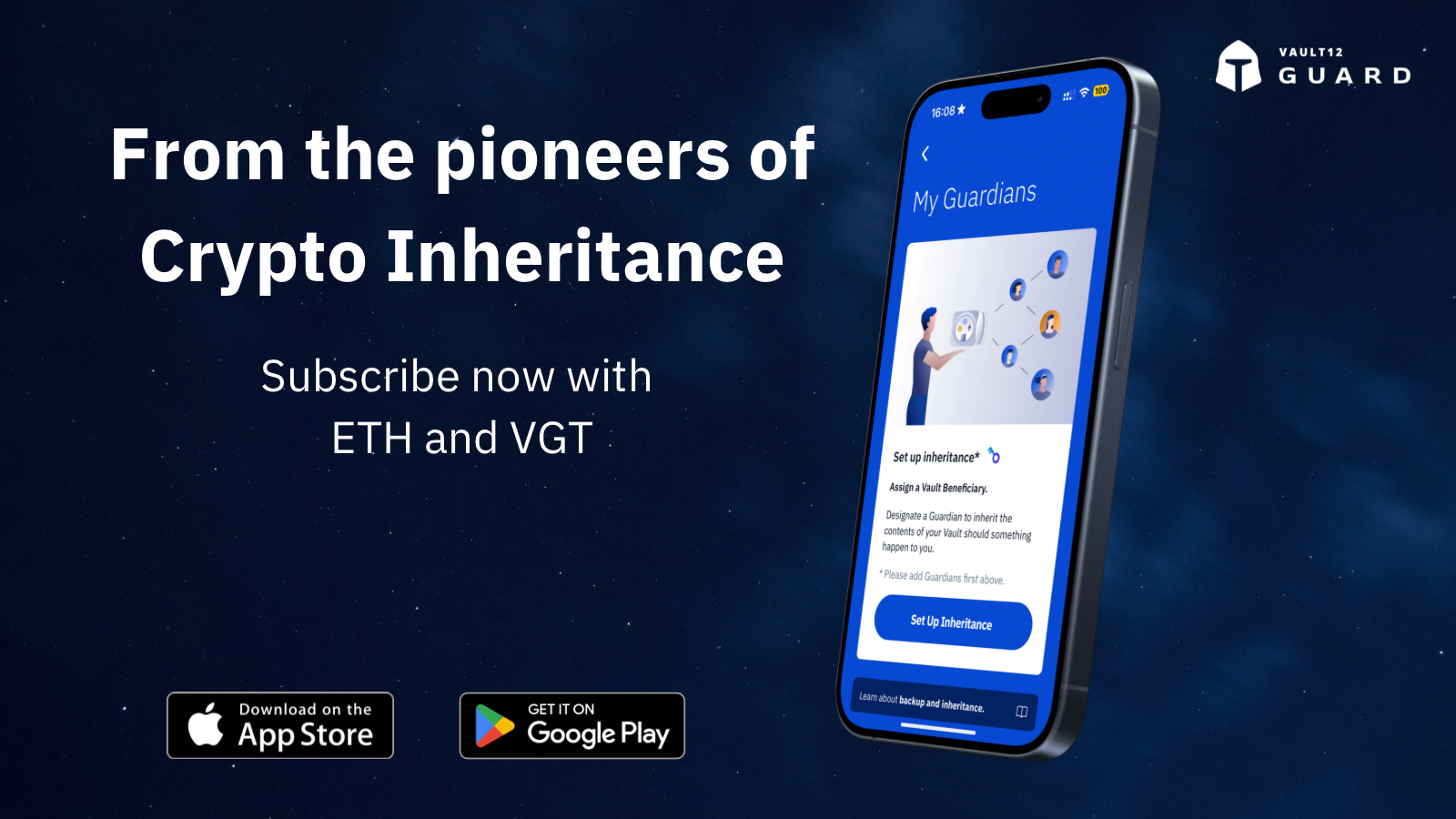 Learn how to subscribe e with ETH and VGT screenshot of Vault12 Guard app