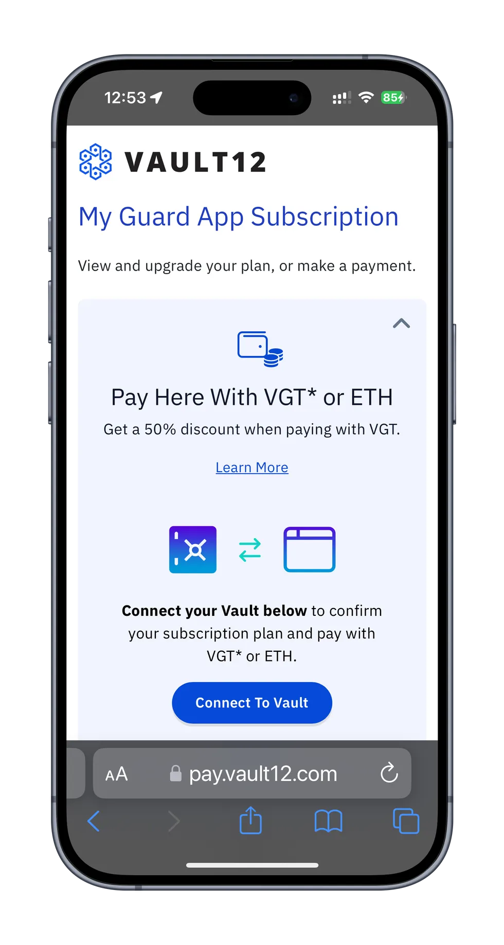 Screen with "Connect to Vault" button