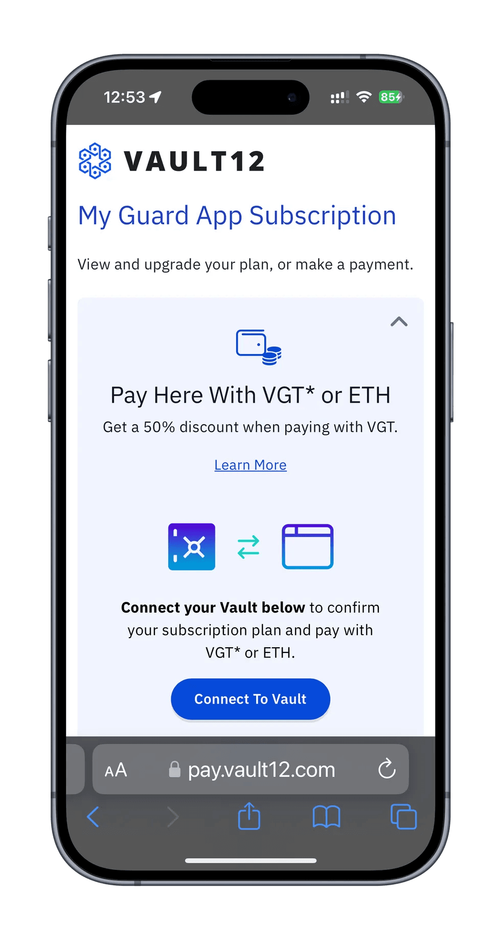 Screen with "Connect to Vault" button