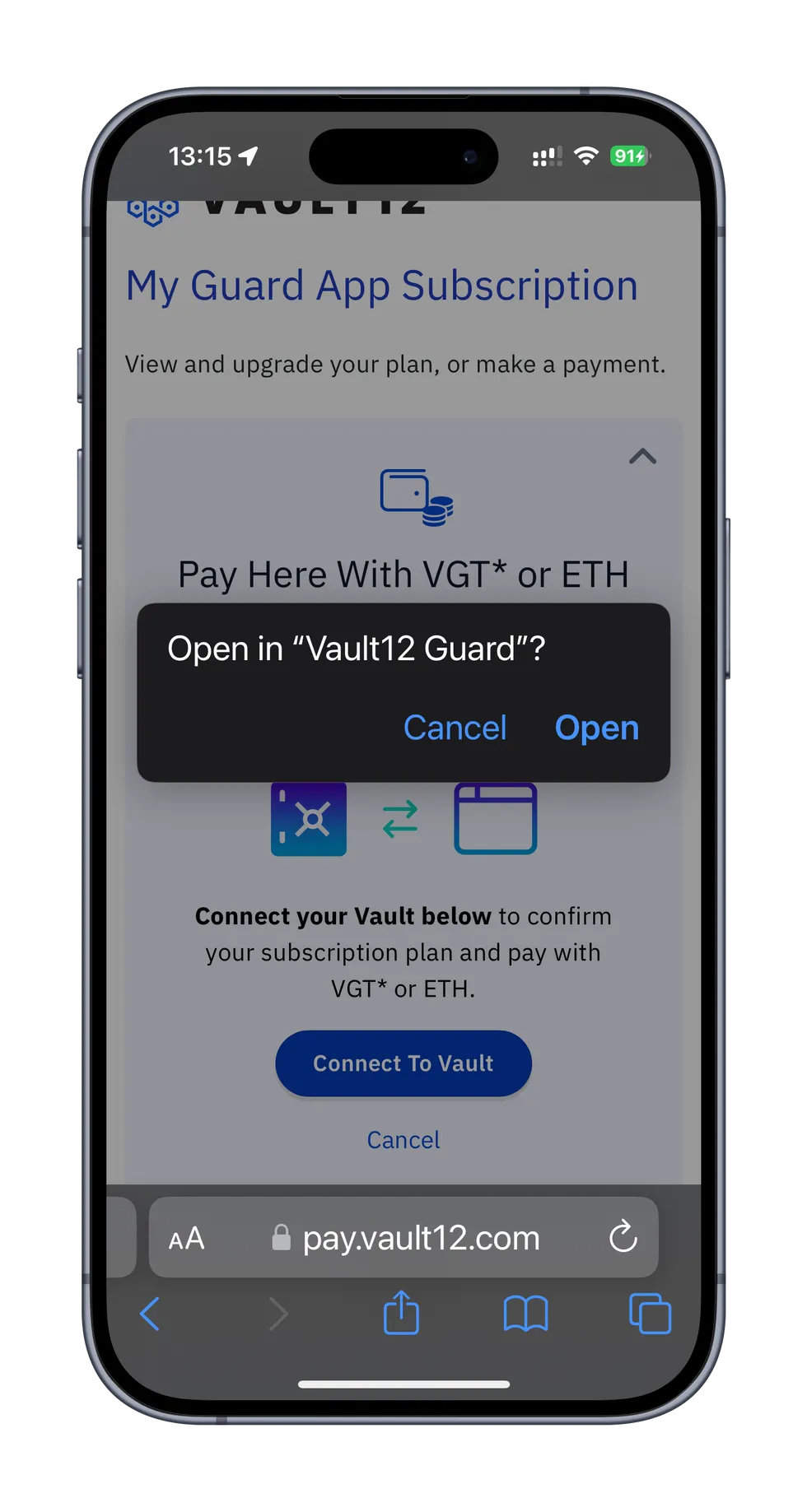 Screen with prompt to open Guard app