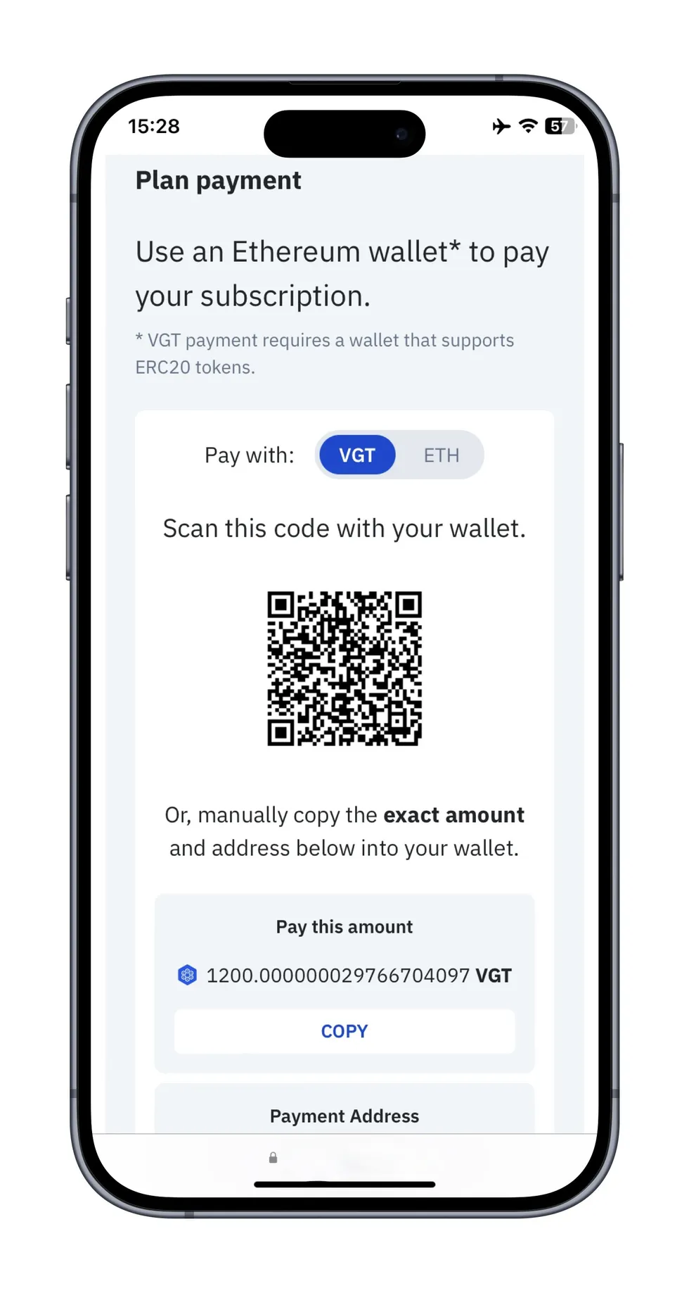 Screen showing QR code to scan