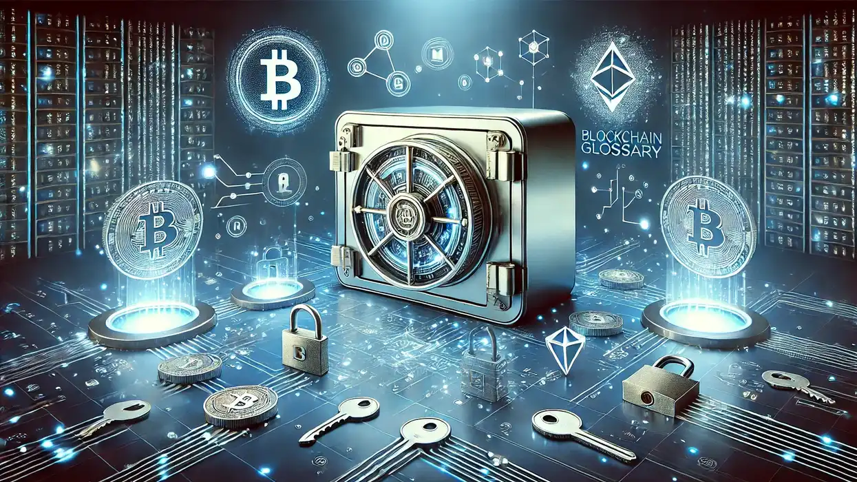 Vault12’s Crypto Glossary, showcasing themes of digital security and cryptocurrency knowledge with a futuristic digital vault surrounded by blockchain symbols, representing secure storage and innovation.