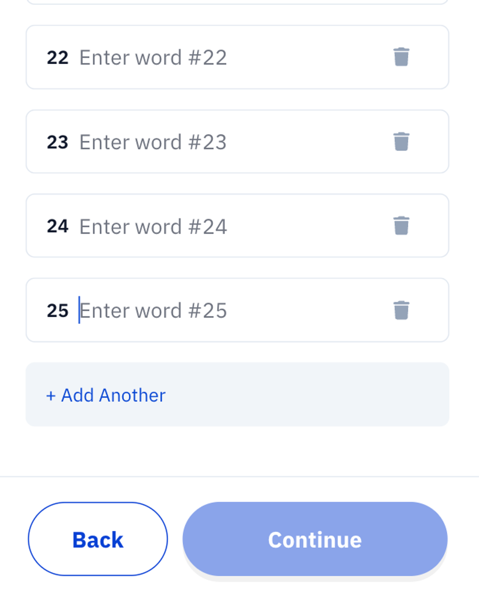 Screenshot of how to enter 24 words plus passphrase