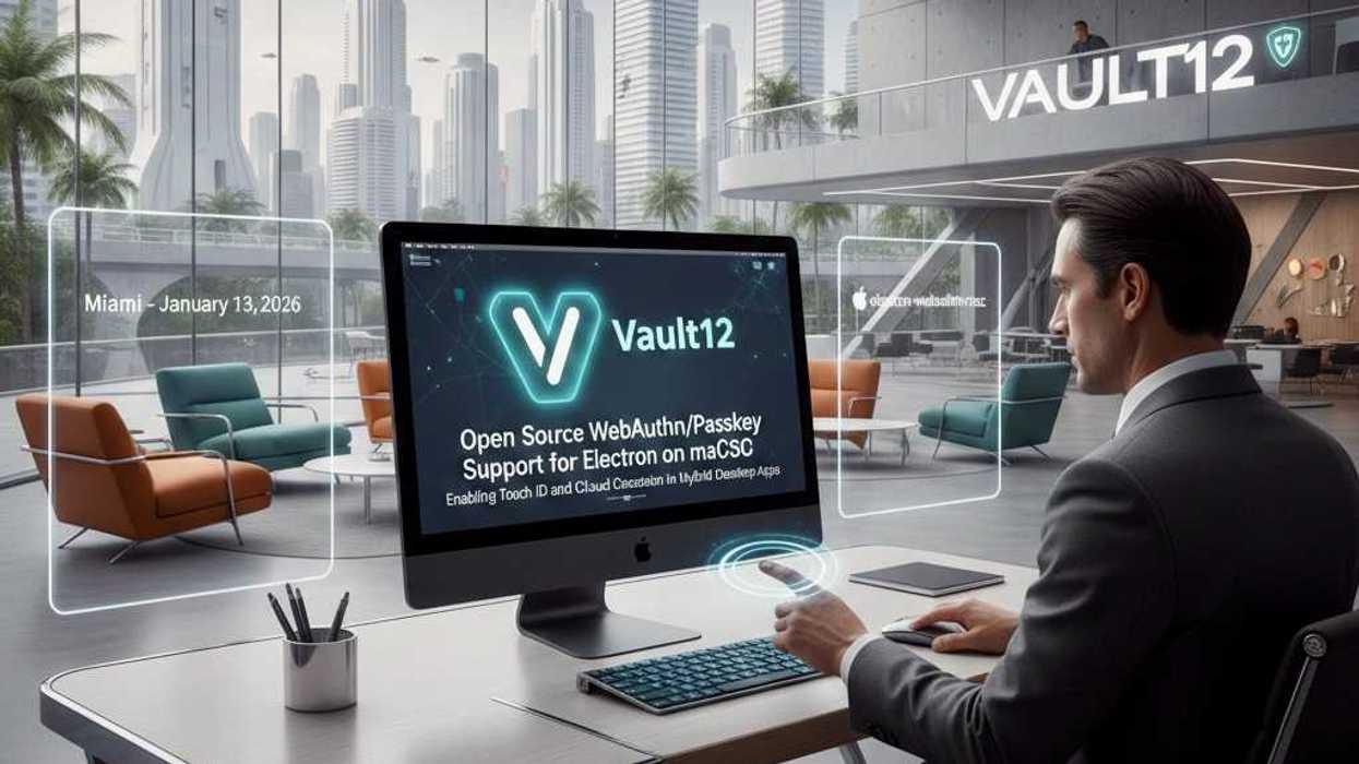 Man sitting at desk using tocuhID on a desktop app in futuristic office