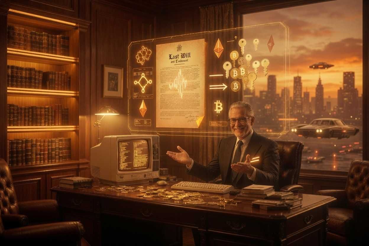 Retro futuristic lawyer discussing crypto inheritance