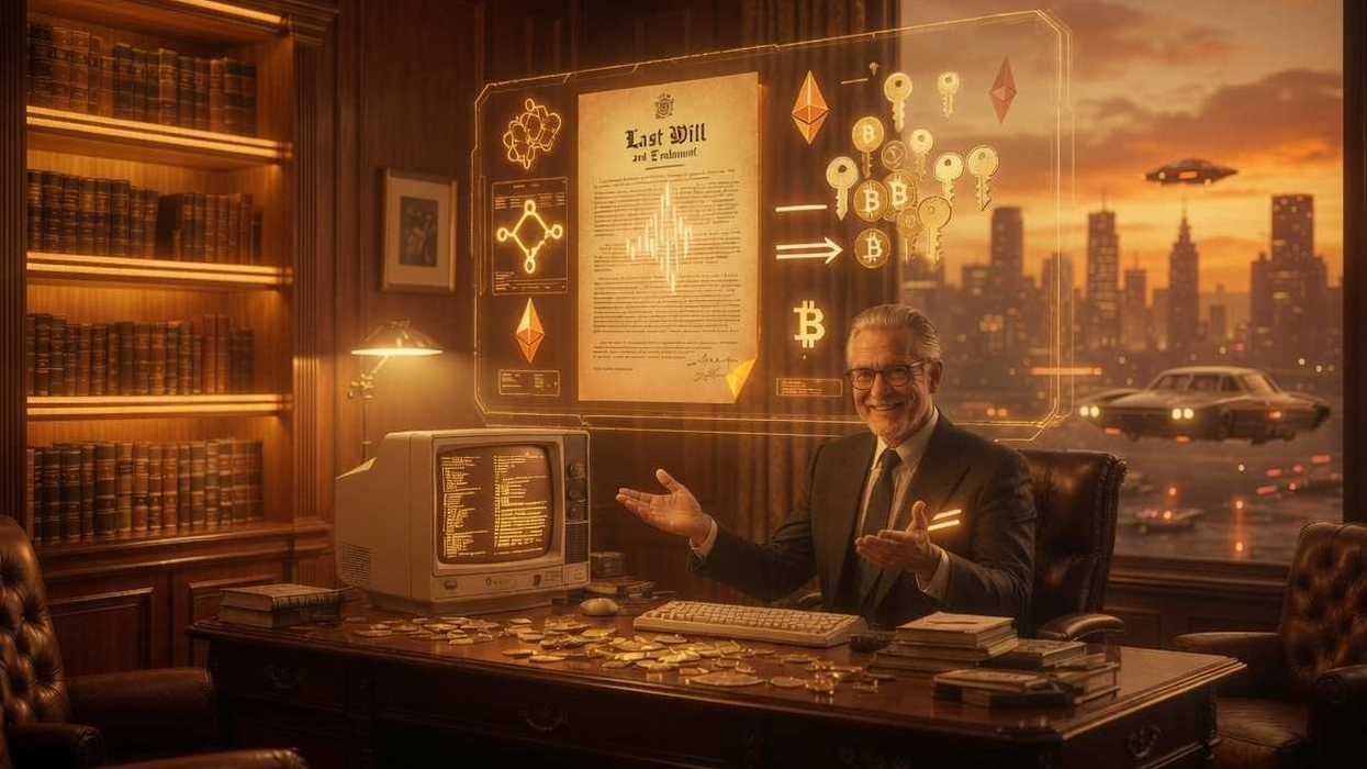 Retro futuristic lawyer discussing crypto inheritance