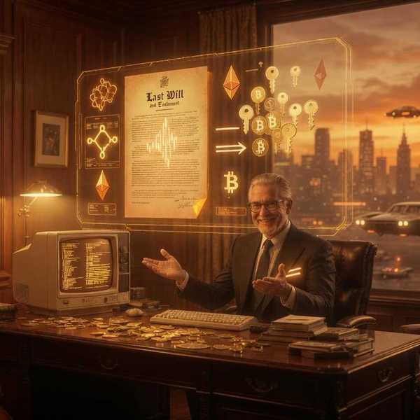 Retro futuristic lawyer discussing crypto inheritance