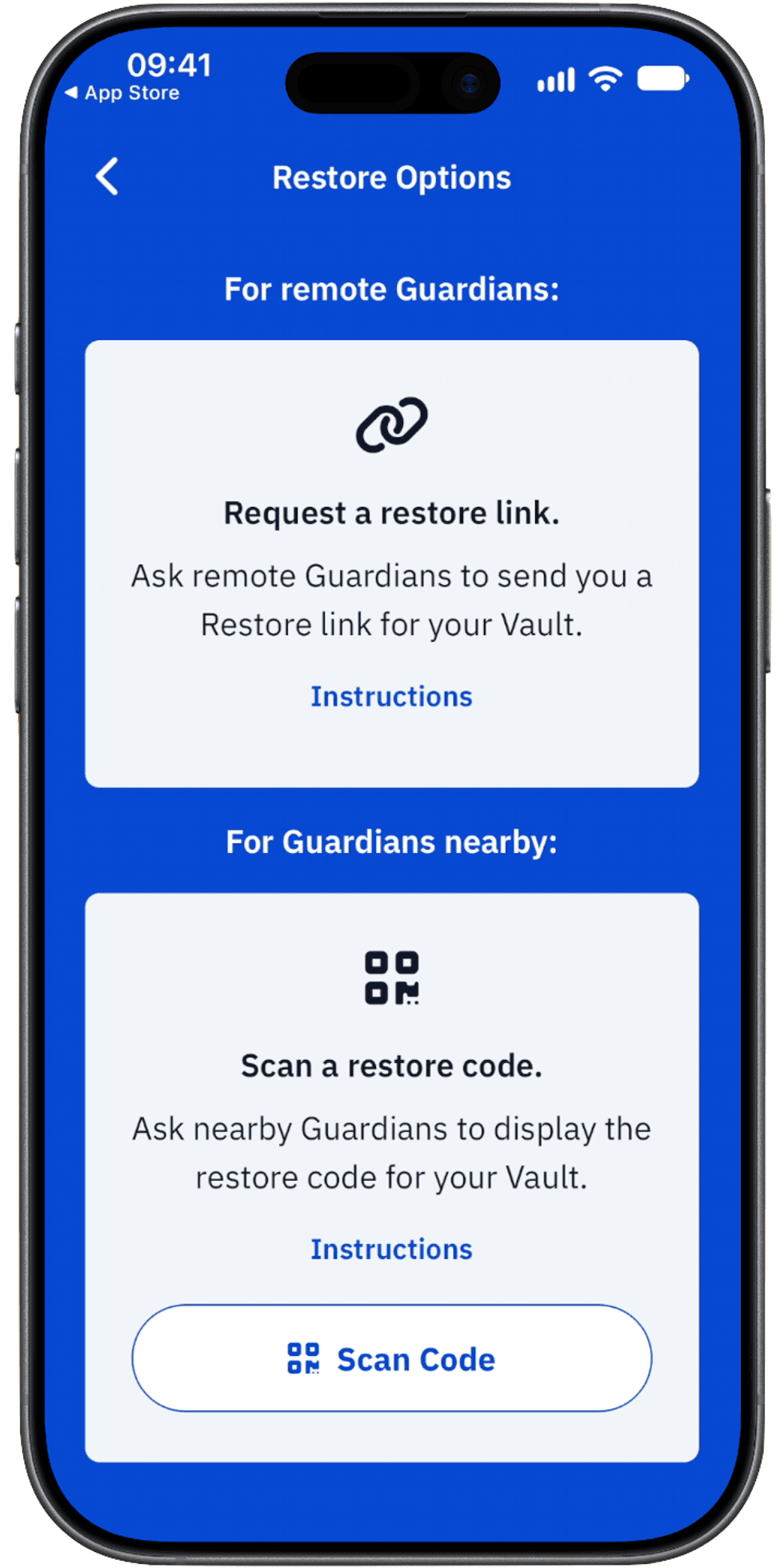 Screenshot of two restoration pathes: scanning locally or requesting link remotely