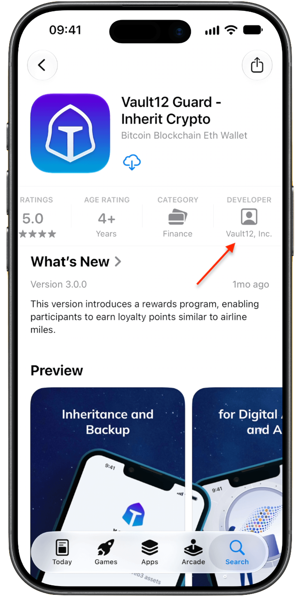 Screenshot of Vault12 Guard app in Appstore with arrow emphasizing the importance of checking the name of app developer