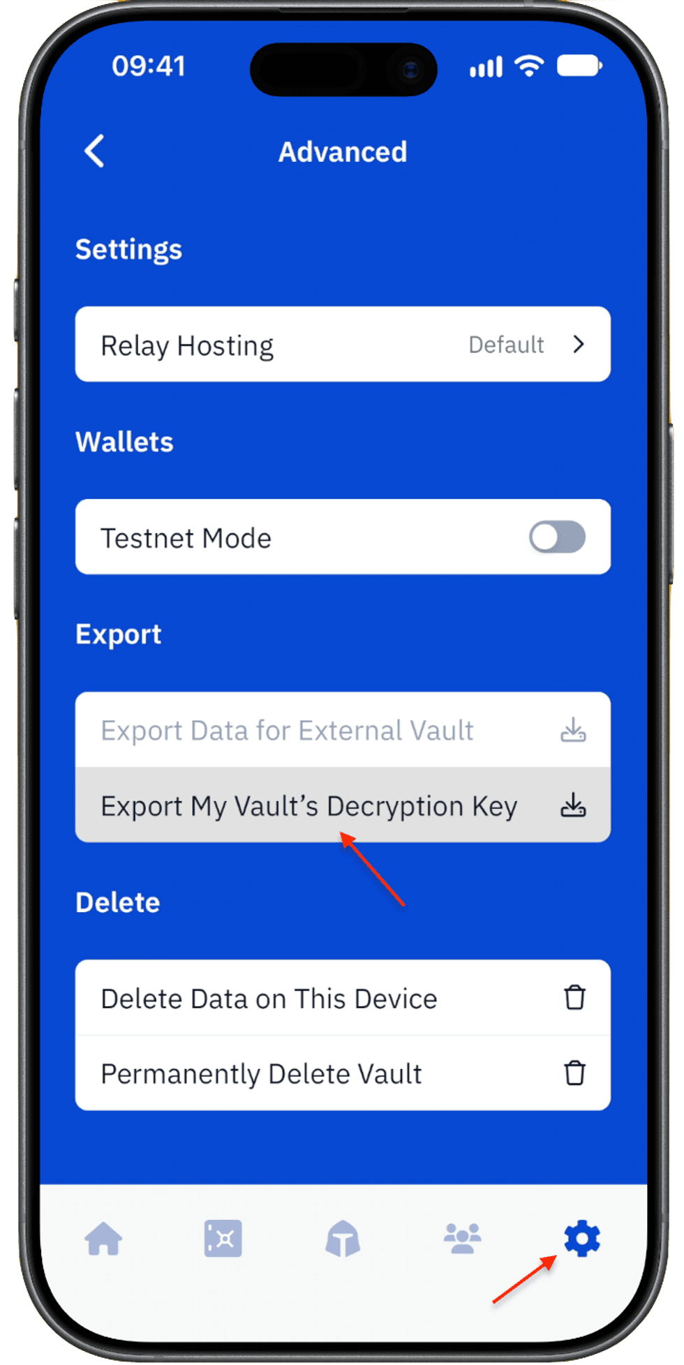 Screenshot of vault decryption key export