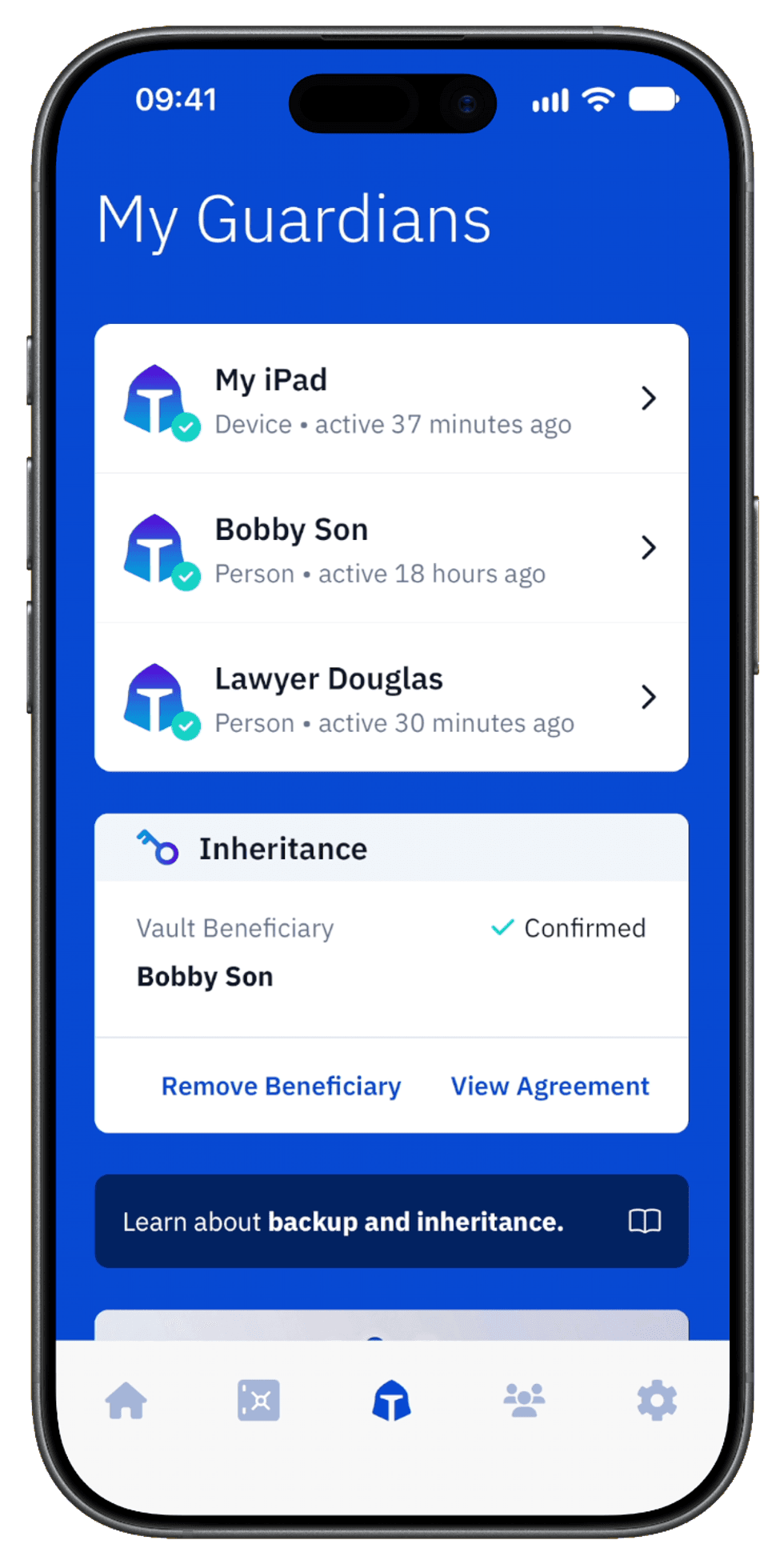 Vault Owner\u2019s iPhone showing My iPad, Bobby Son and Lawyer Douglas as Guardians, with Bobby Son confirmed as beneficiary.