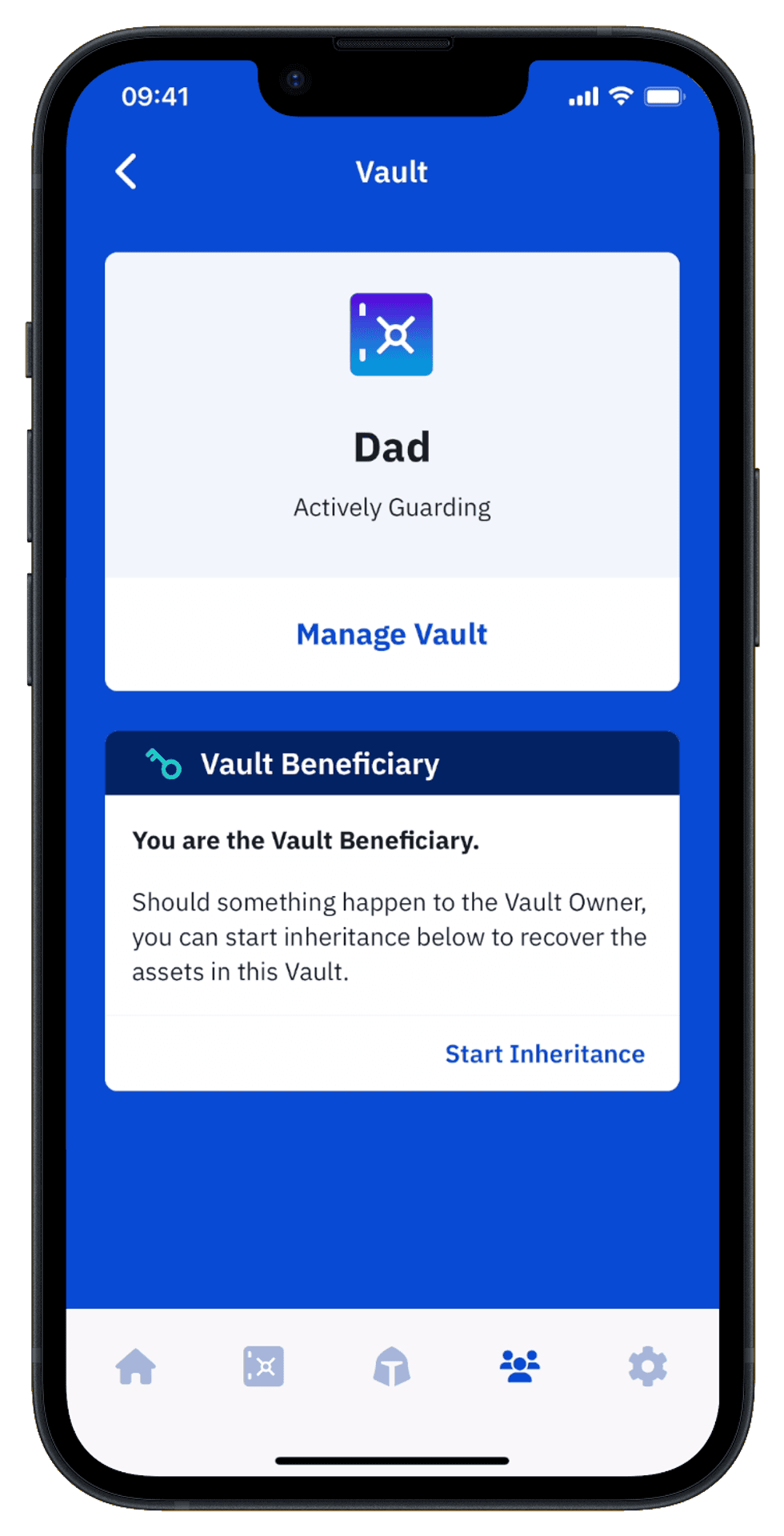 Beneficiary\u2019s iPhone showing Dad\u2019s vault and the Start Inheritance link beneath You are the Vault Beneficiary.