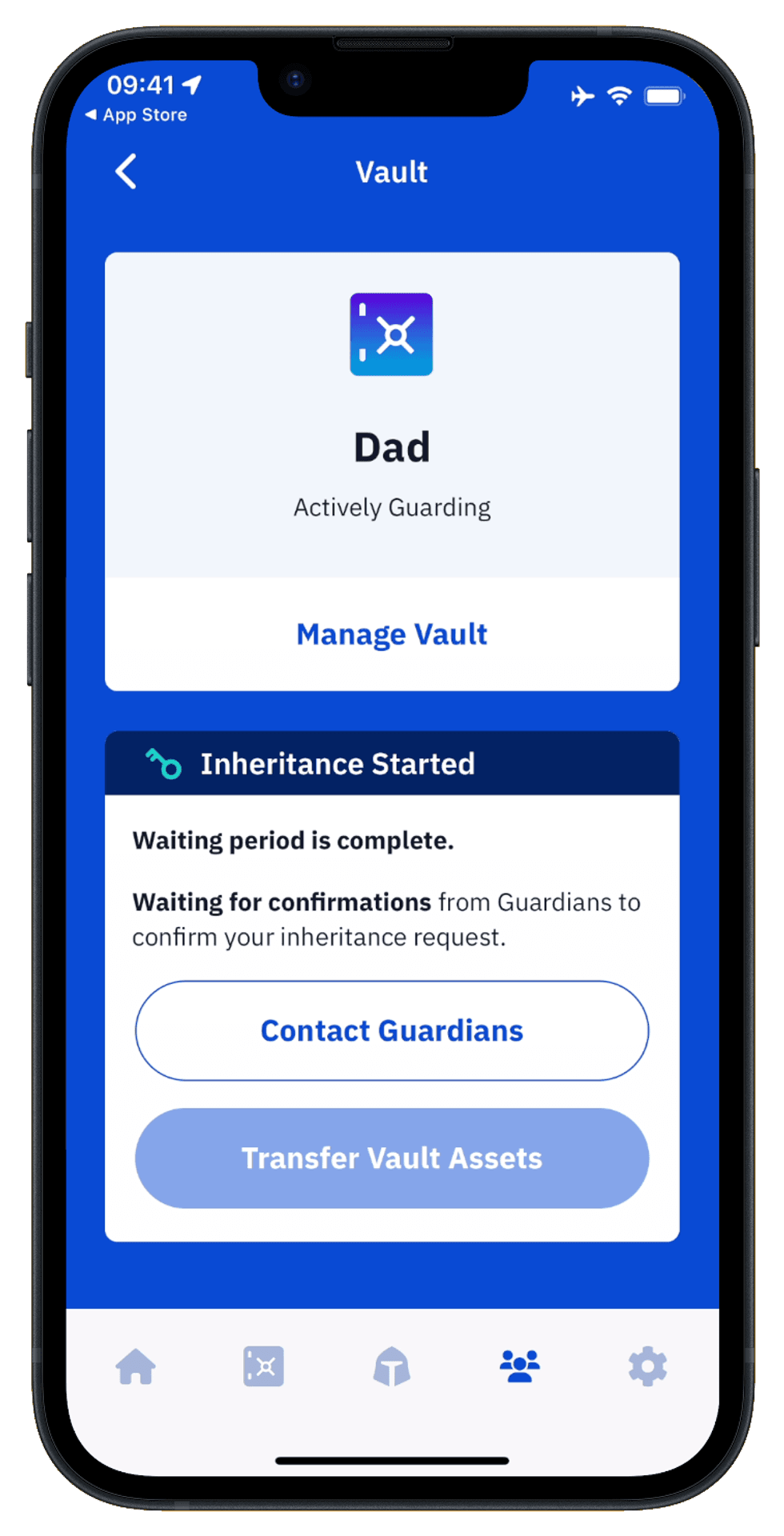 Beneficiary\u2019s iPhone showing the completed waiting period, Contact Guardians and the disabled Transfer Vault Assets button
