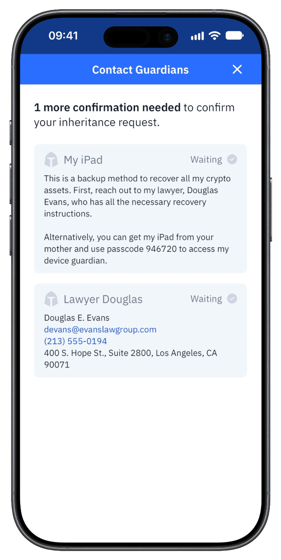 Beneficiary\u2019s iPhone showing that one more confirmation is needed, with My iPad and Lawyer Douglas listed under Contact Guardians.