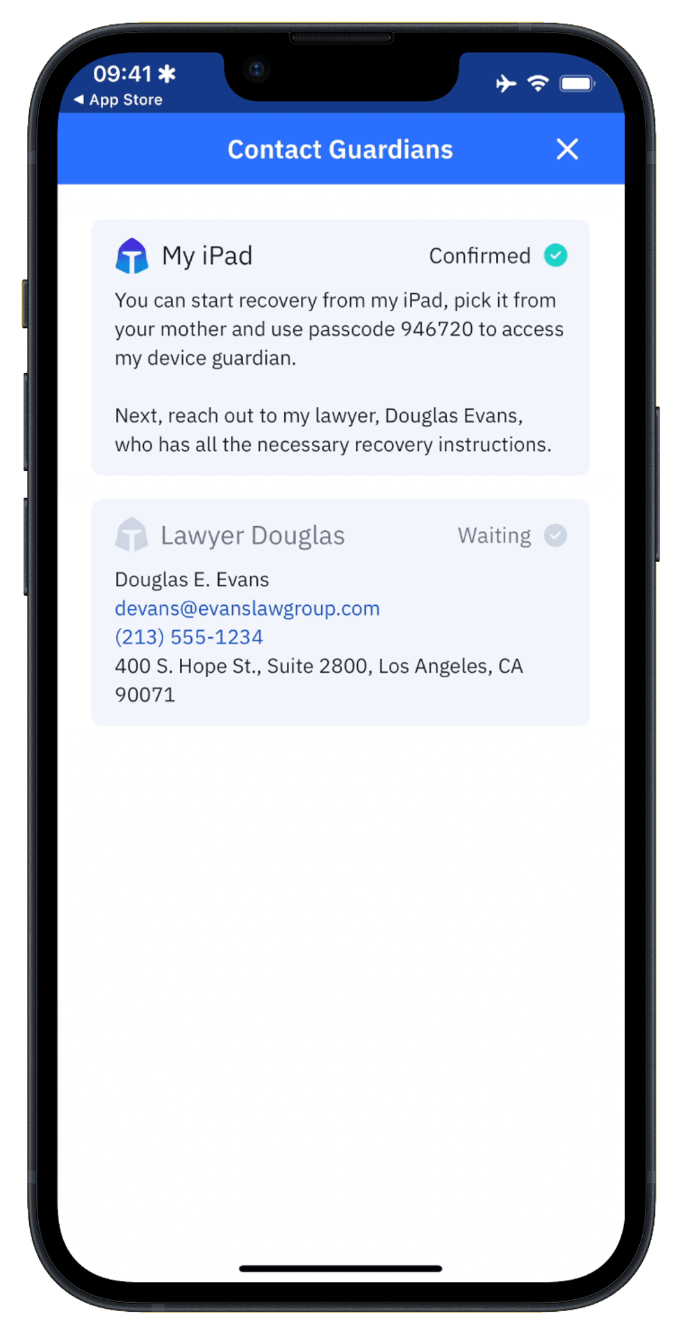 Beneficiary\u2019s iPhone showing My iPad marked Confirmed in the Contact Guardians list.