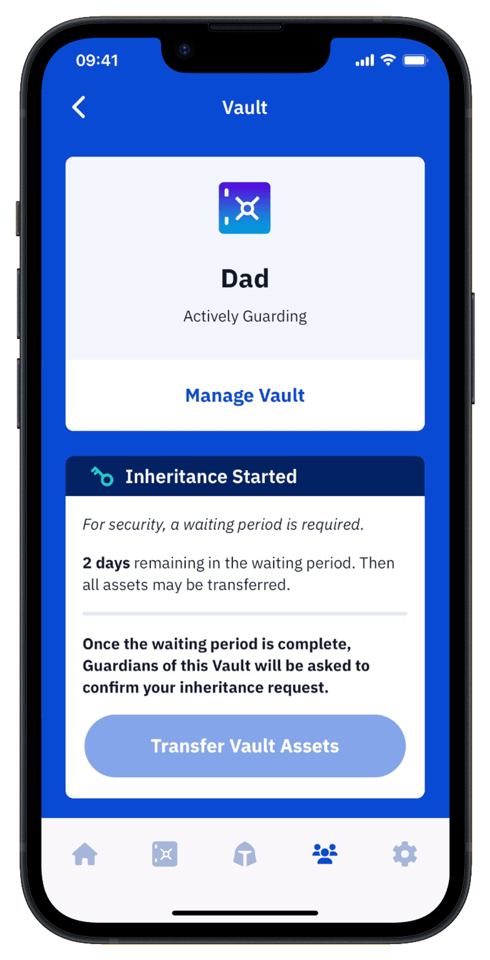 Beneficiary\u2019s iPhone showing Inheritance Started, 2 days remaining and the disabled Transfer Vault Assets button.