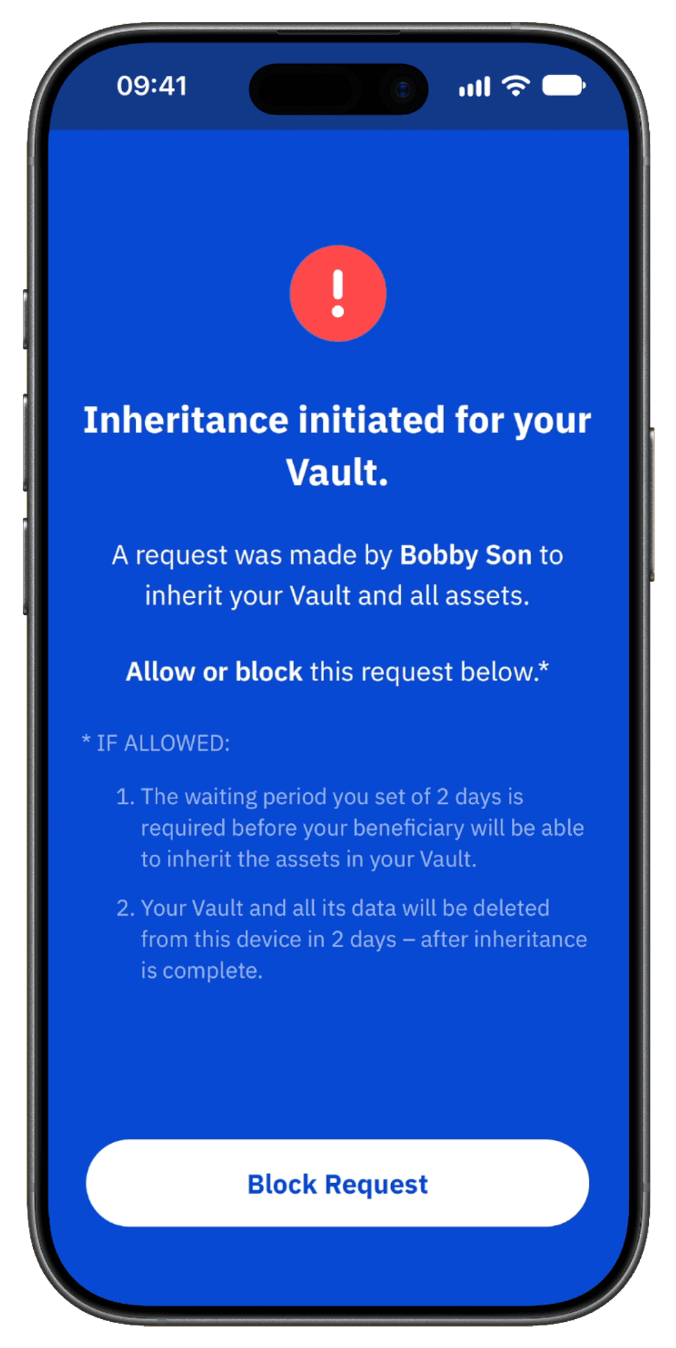 Vault Owner\u2019s iPhone showing an inheritance request from Bobby Son and the Block Request button.