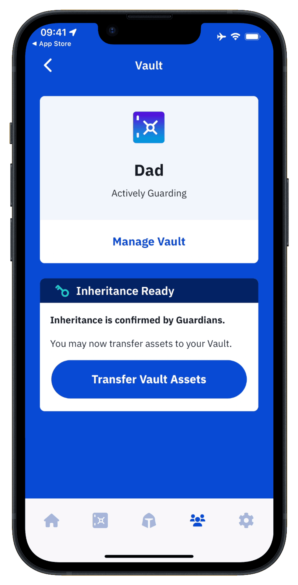 Beneficiary\u2019s iPhone showing Inheritance Ready and the enabled Transfer Vault Assets button.