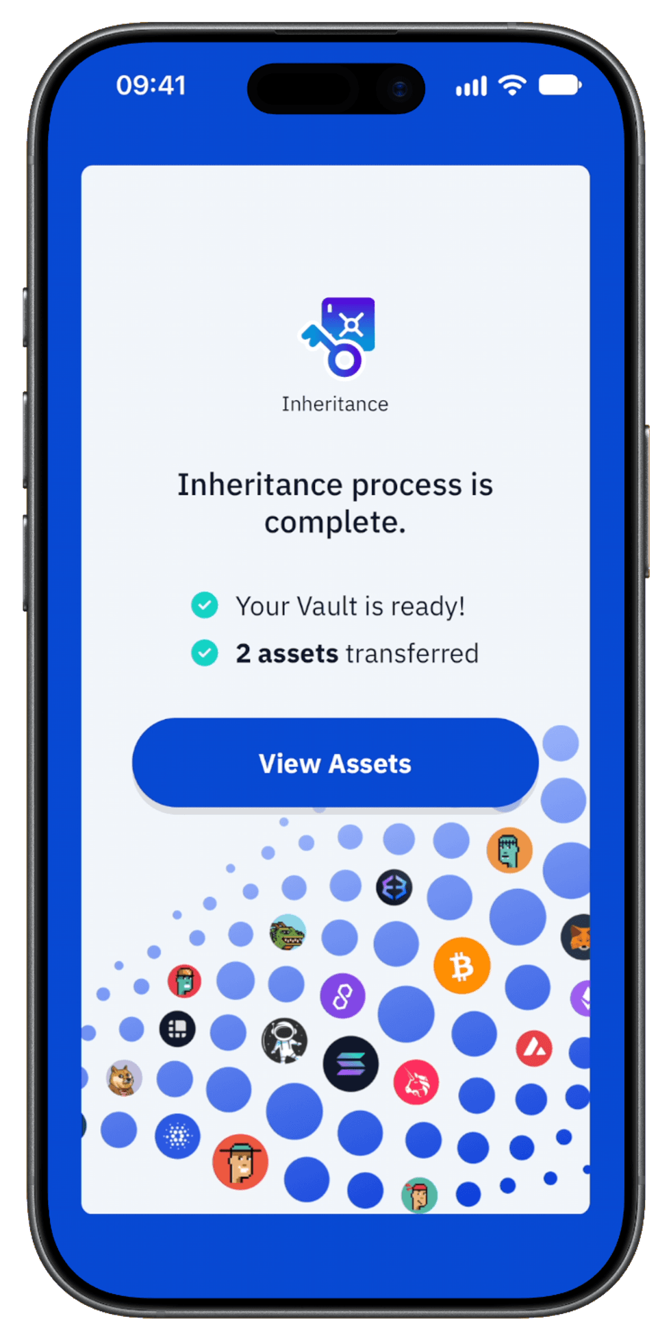 Beneficiary\u2019s iPhone showing Inheritance process is complete and the View Assets button.