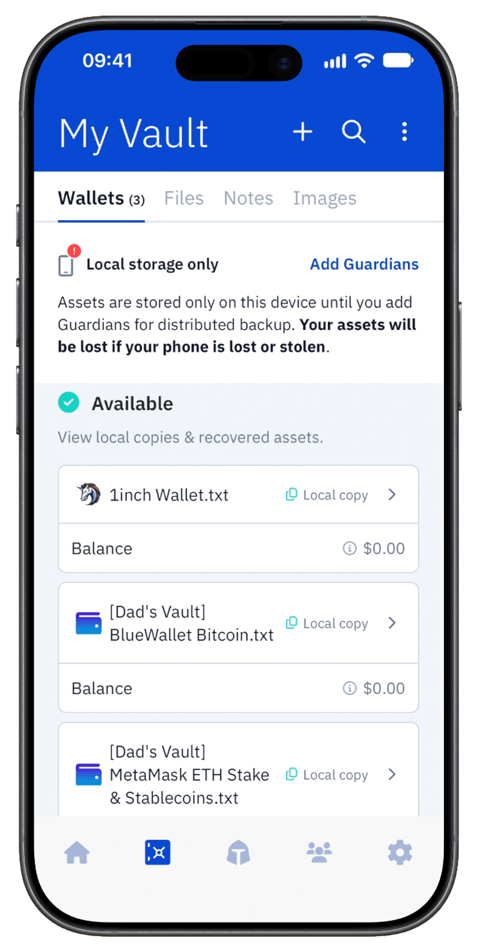 Beneficiary\u2019s iPhone showing the My Vault screen with inherited assets available.