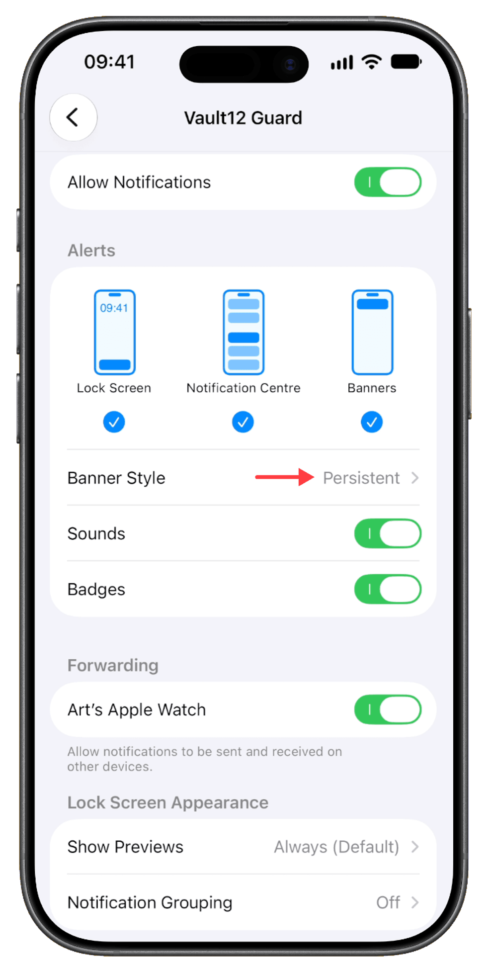 iPhone notification settings for Vault12 Guard, with a red outline and arrow highlighting Banner Style set to Persistent.