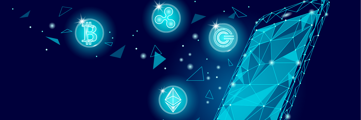 Cryptocurrency symbols floating above a digital phone