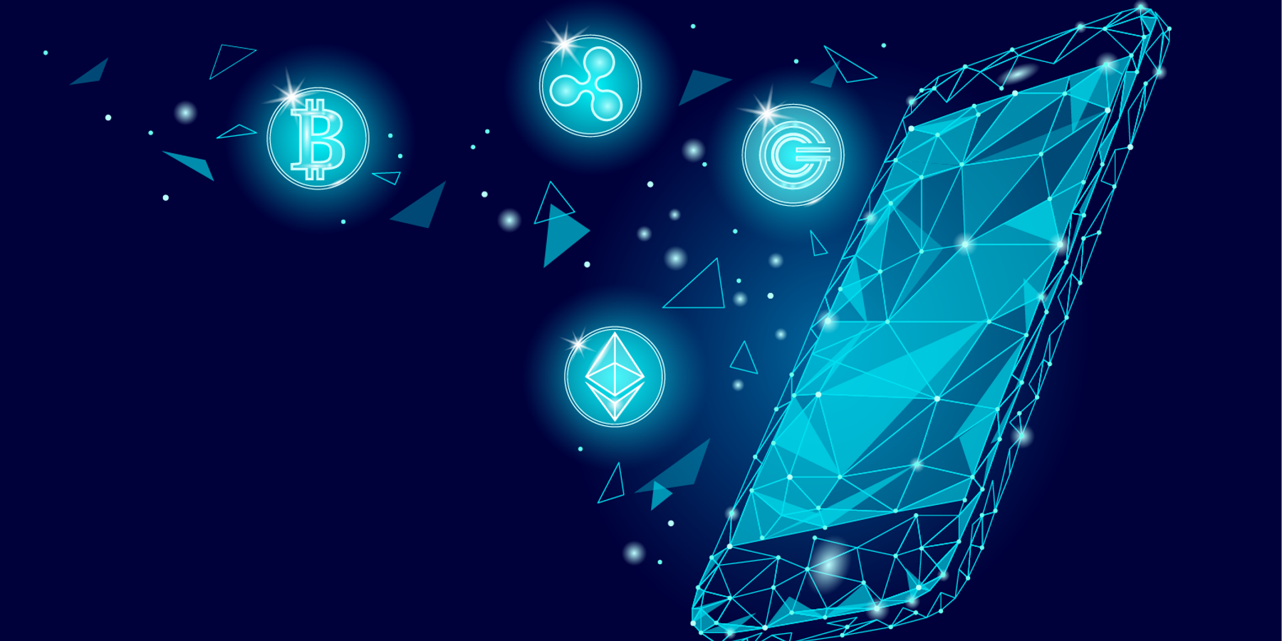 Cryptocurrency symbols floating above a digital phone