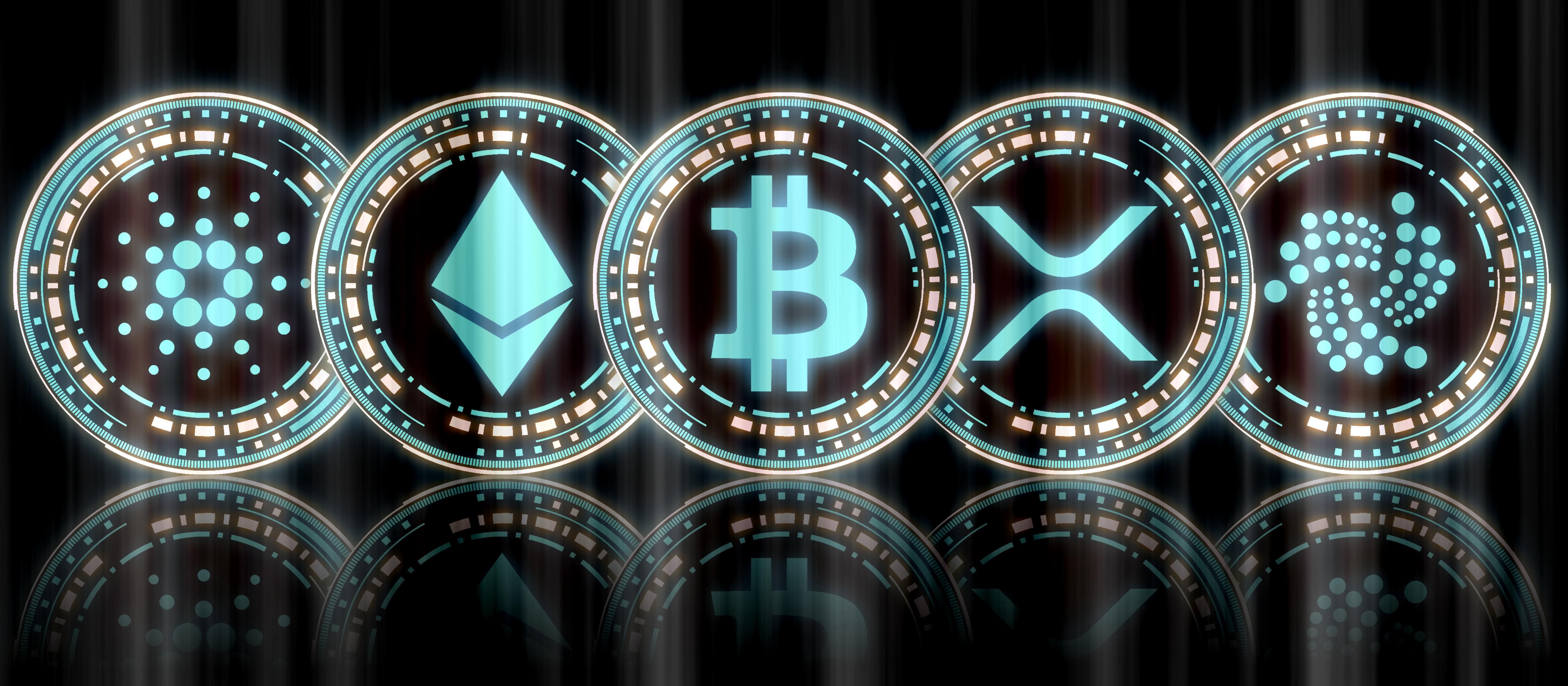 Image of cryptocurrency coins e.g. Bitcoin, and Ethereum