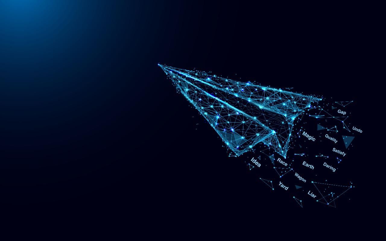Illustration of a digital paper airplane with seed phrase words streaming behind it