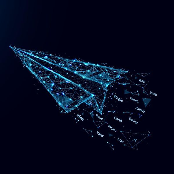 Illustration of a digital paper airplane with seed phrase words streaming behind it