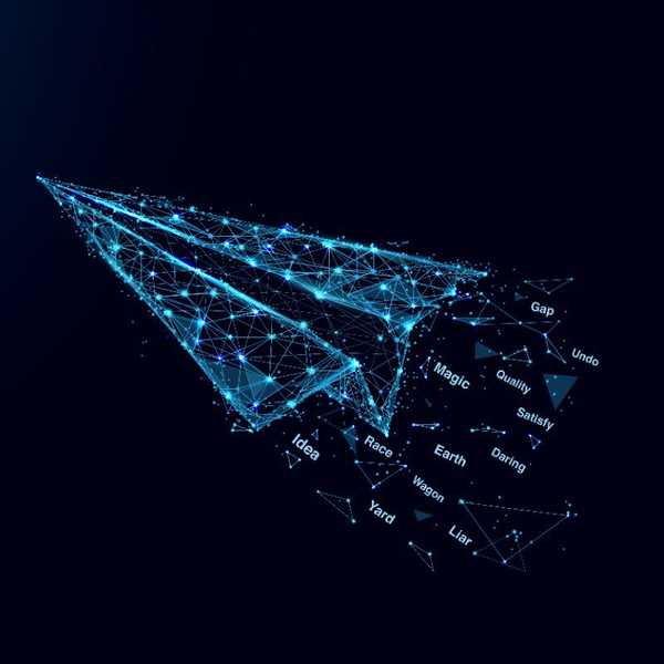 Illustration of a digital paper airplane with seed phrase words streaming behind it