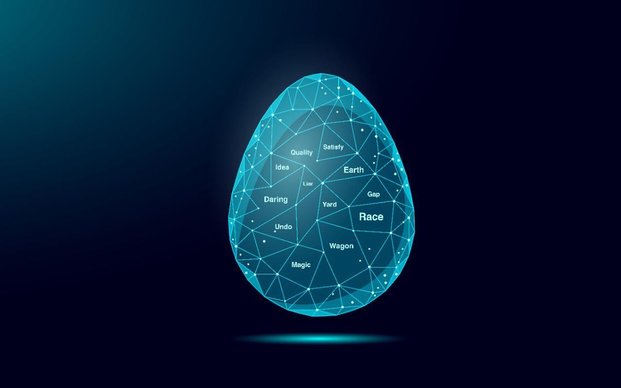 Illustration of a seed pod with seed words written all around