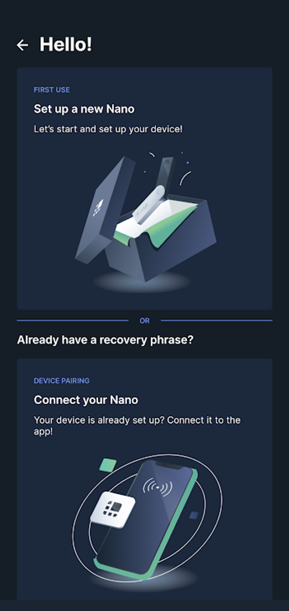 Ledger Nano X first use or connect device to app
