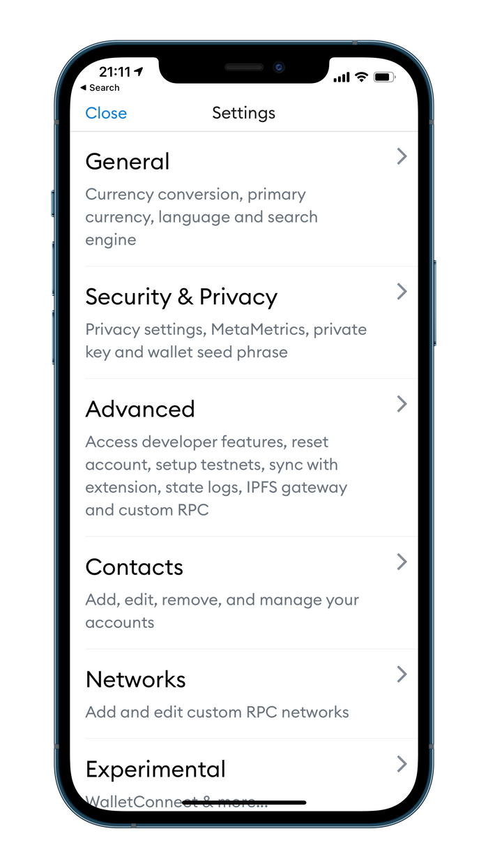 Image of Metamask wallet settings