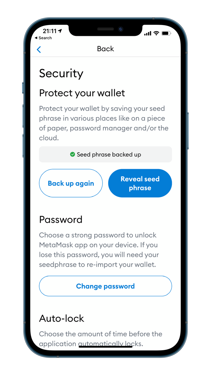 Image of Metamask wallet Security settings