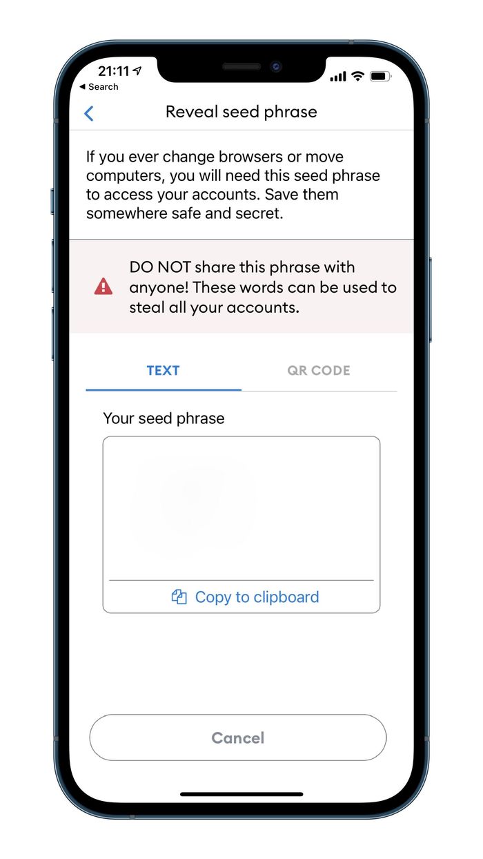 Image of Metamask seed phrase screen