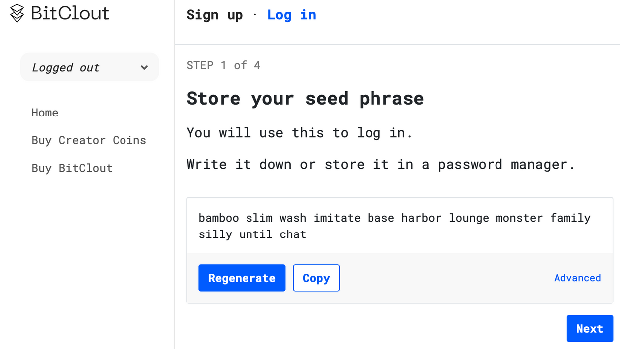 Image of Bitclout Sign Up page showing default seed phrase