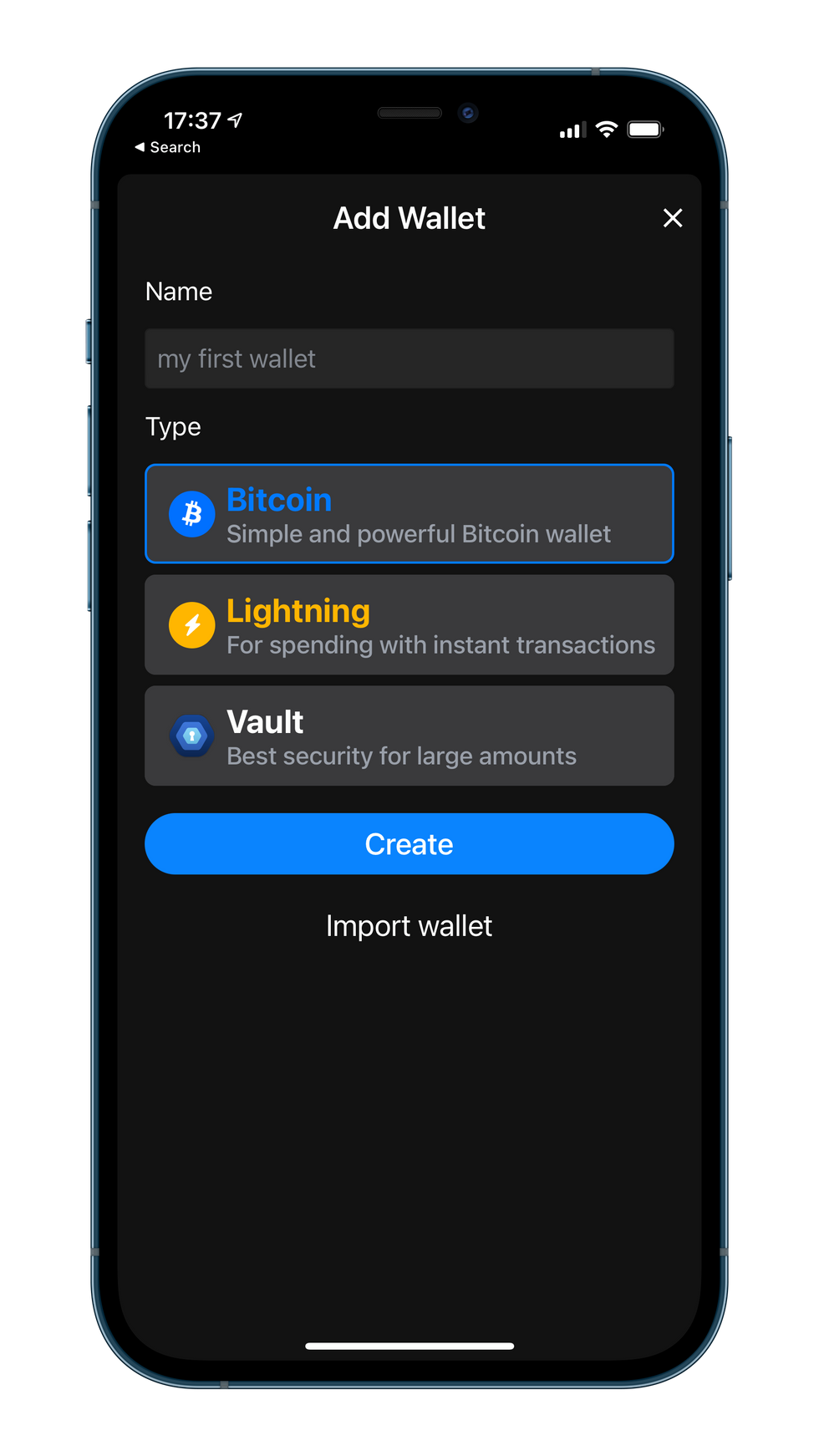 Screenshot of adding a wallet type to Bluewallet