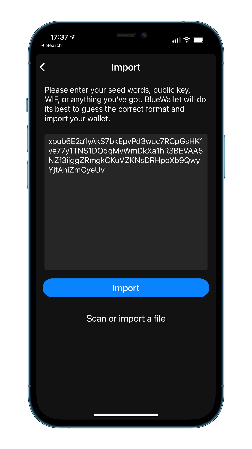 Screenshot of importing an xPub into Bluewallet