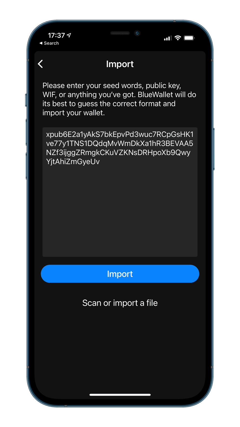 Screenshot of importing an xPub into Bluewallet