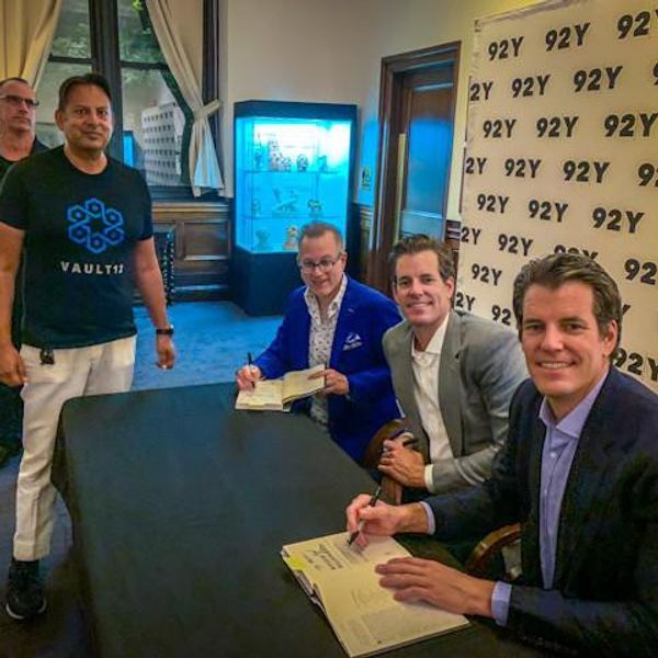 The author, Ben Mezrich and the Winklevoss twins at 92nd Street Y in the Summer of 2019