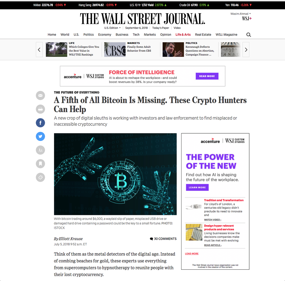 Image of WSJ article about lost crypto.