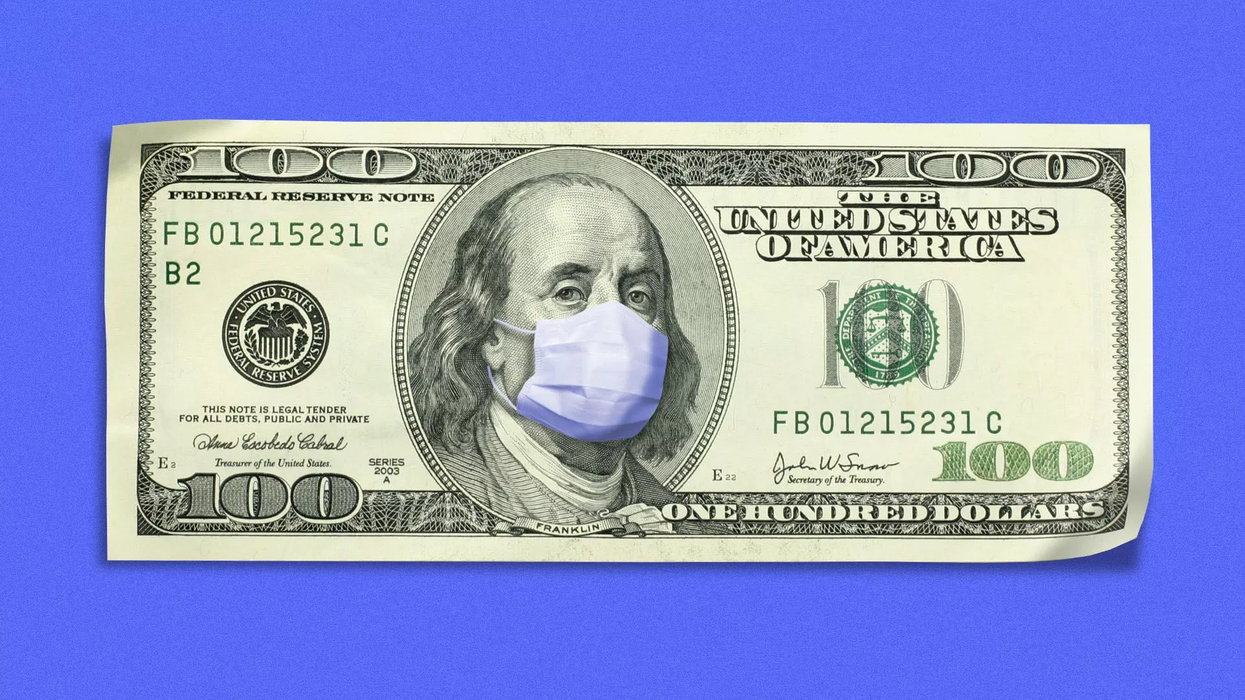 Dollar bill with masked up Benjamin Franklin
