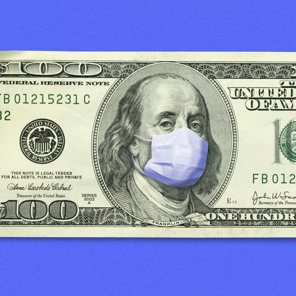 Dollar bill with masked up Benjamin Franklin