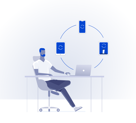 Illustration of man at desk with laptop and other mobile devices