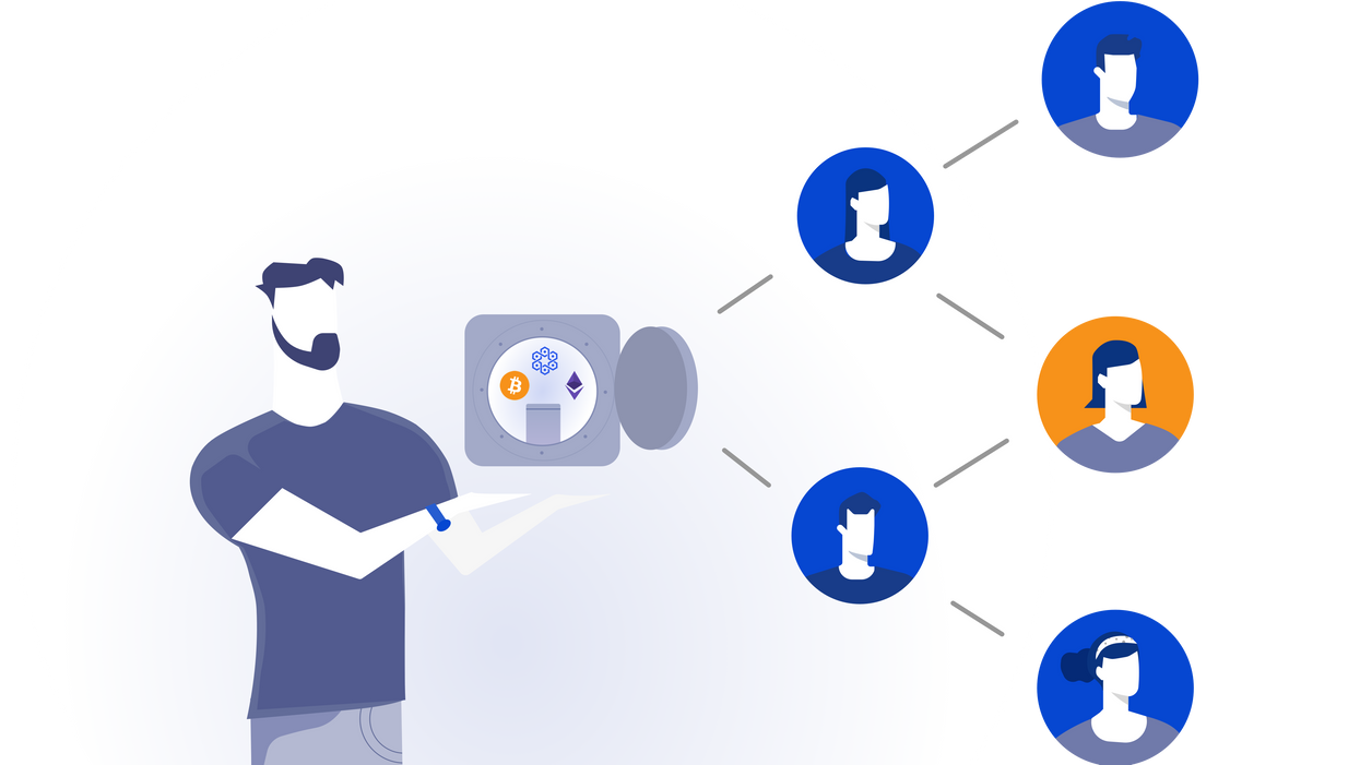 Illustration of man with Vault distributing digital assets to beneciaries