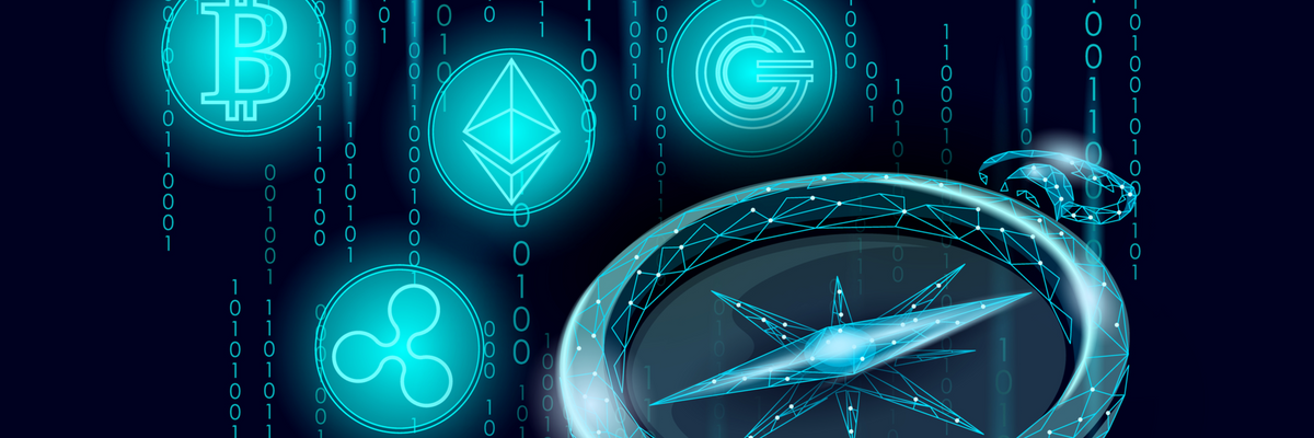 Compass with cryptocurrency symbols